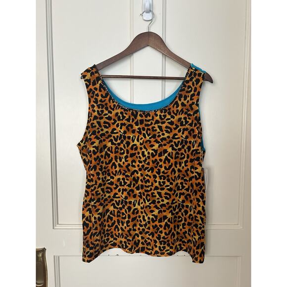 Diane Gilman Silk Animal Print Sequin Tank Top Womens Size 1X Blue Brown NWT - Picture 1 of 6